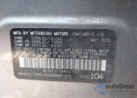 2017 Mitsubishi Mirage G4 Es z USA, uszkodzony, nr VIN ML32F3FJ0HHF07007